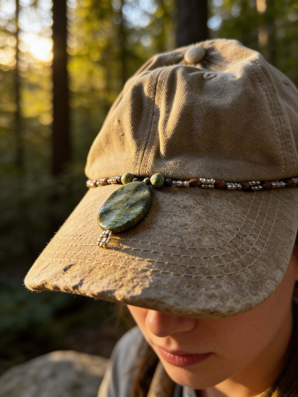Indiana Designer Khaki Baseball Cap with Handcrafted Bead and Green Stone Pendan
